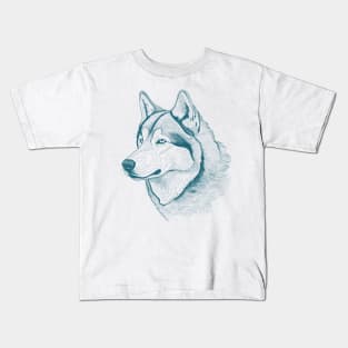 Alaskan Malamute Dog Minimalistic Blue Line drawing Kids T-Shirt